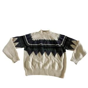 Vtg Cream Retro Nordic Print Wool Eclectic Grandpa Pullover Sweater Men's L